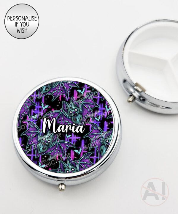 purple teal zombie bat gothic round pill box option to personalise