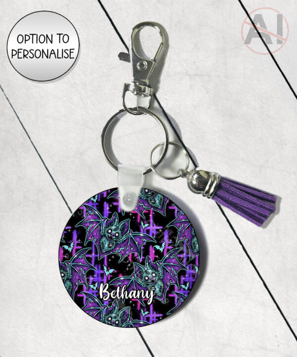 purple teal zombie bat gothic round keyring option to personalise