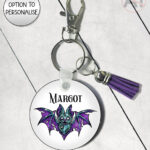 purple teal zombie bat gothic round keyring option to personalise