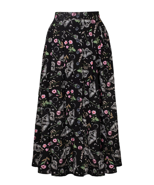 chrysalis black moth & floral gothic midi skirt by hell bunny