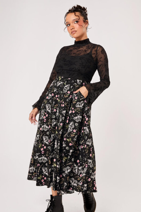 chrysalis black moth & floral gothic midi skirt by hell bunny