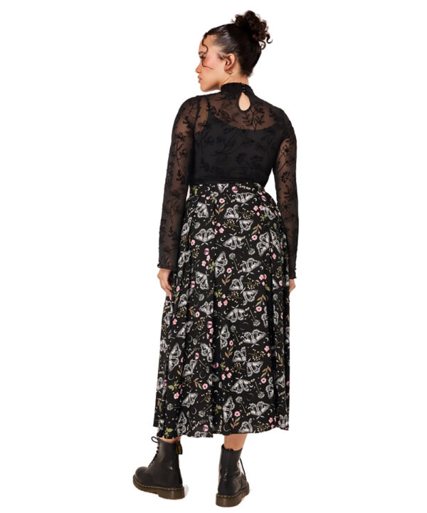 chrysalis black moth & floral gothic midi skirt by hell bunny