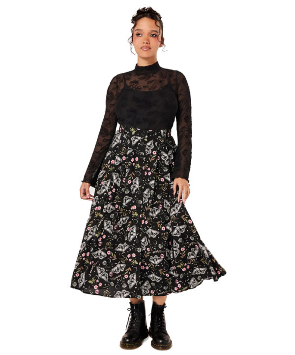chrysalis black moth & floral gothic midi skirt by hell bunny