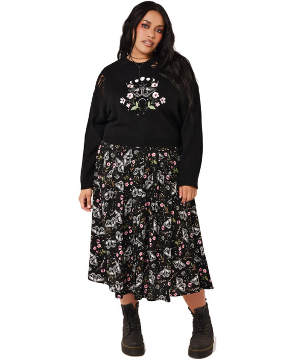 chrysalis black moth & floral gothic midi skirt by hell bunny
