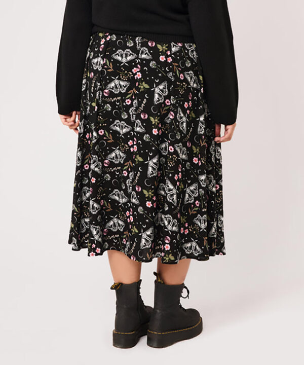 chrysalis black moth & floral gothic midi skirt by hell bunny