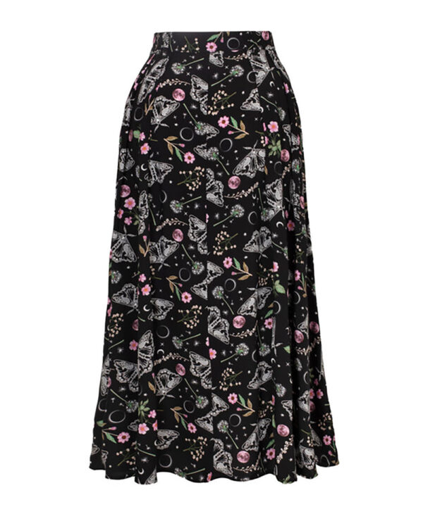 chrysalis black moth & floral gothic midi skirt by hell bunny