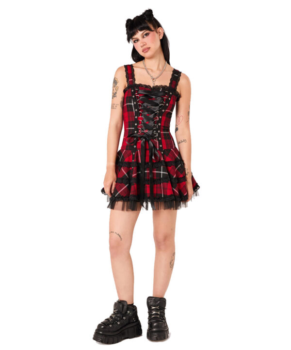 harley red tartan punk gothic dress by hell bunny