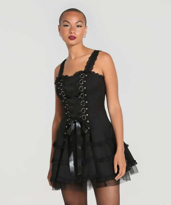 harley black lace trim punk gothic mini dress by hell bunny
