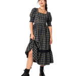 morelle navy/green tartan lace gothic maxi dress by hell bunny