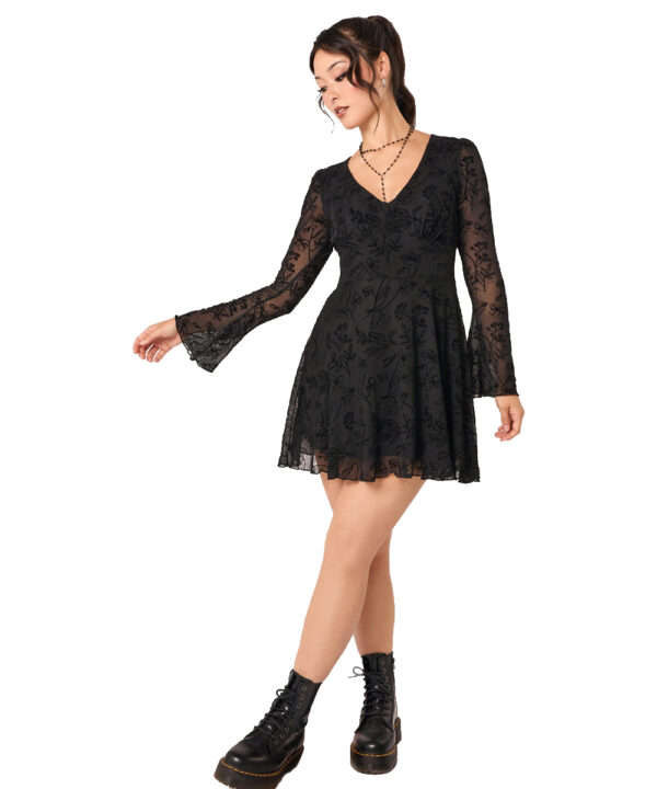 wildflower black flocked floral gothic mini dress by hell bunny