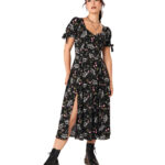 chrysalis black moth & floral gothic midi dress by hell bunny