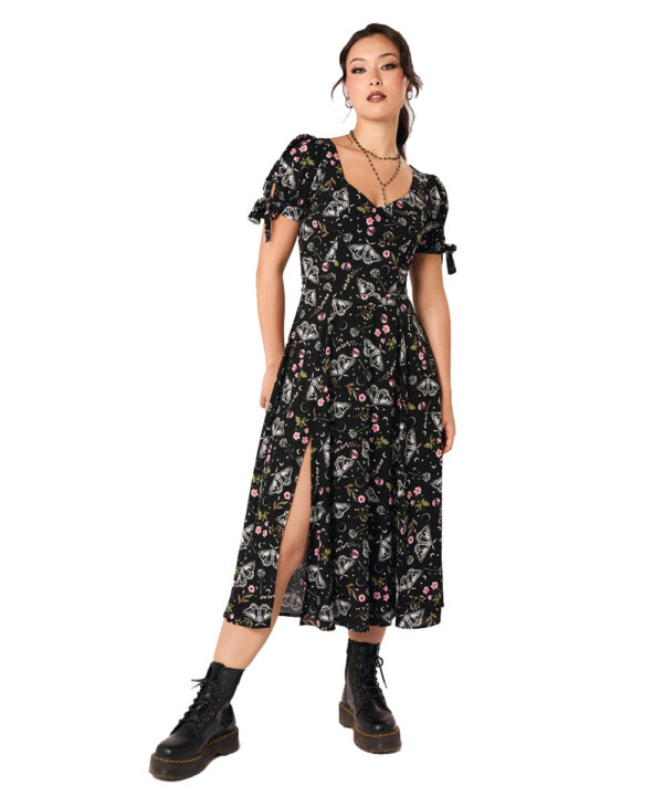 chrysalis black moth & floral gothic midi dress by hell bunny