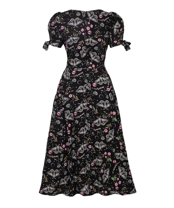 chrysalis black moth & floral gothic midi dress by hell bunny
