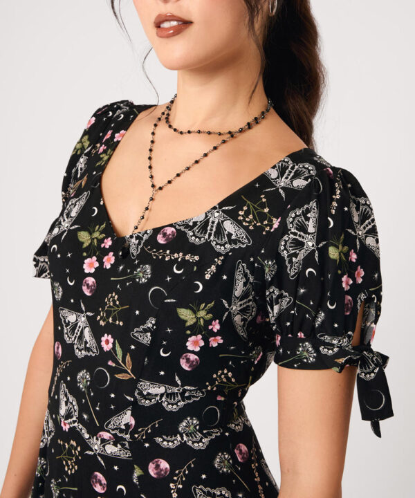 chrysalis black moth & floral gothic midi dress by hell bunny