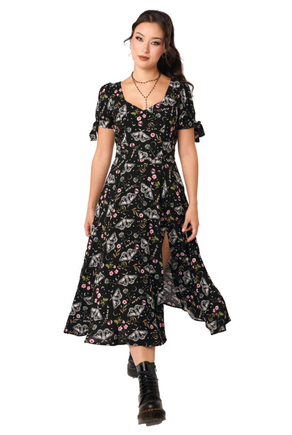 chrysalis black moth & floral gothic midi dress by hell bunny