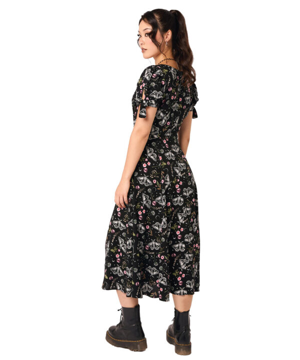chrysalis black moth & floral gothic midi dress by hell bunny