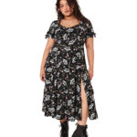 chrysalis black moth & floral gothic midi dress by hell bunny