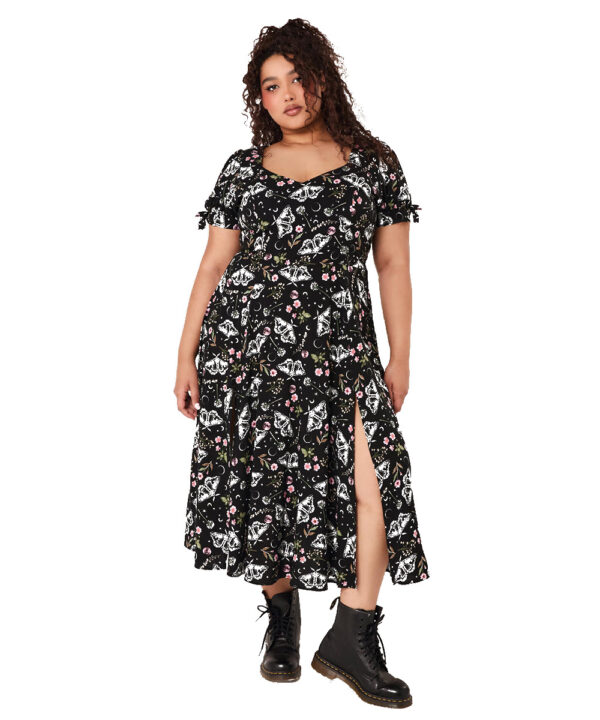 chrysalis black moth & floral gothic midi dress by hell bunny