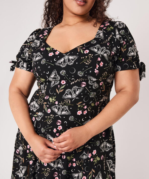 chrysalis black moth & floral gothic midi dress by hell bunny
