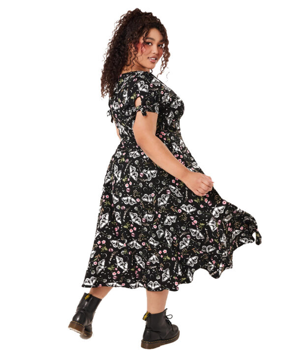 chrysalis black moth & floral gothic midi dress by hell bunny