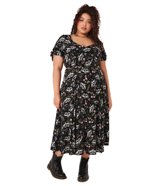 chrysalis black moth & floral gothic midi dress by hell bunny