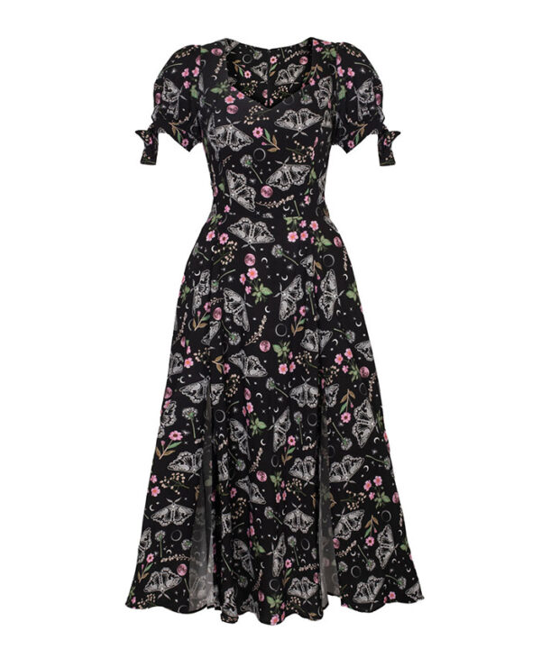 chrysalis black moth & floral gothic midi dress by hell bunny