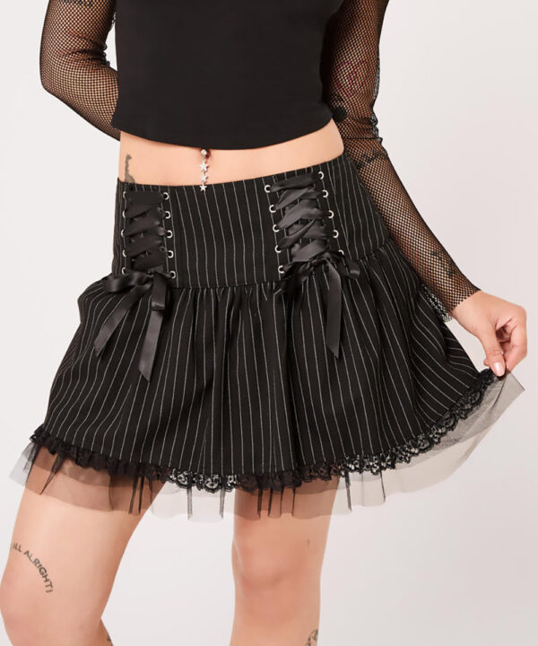 quinzel black & white pinstripe gothic skirt with lace by hell bunny