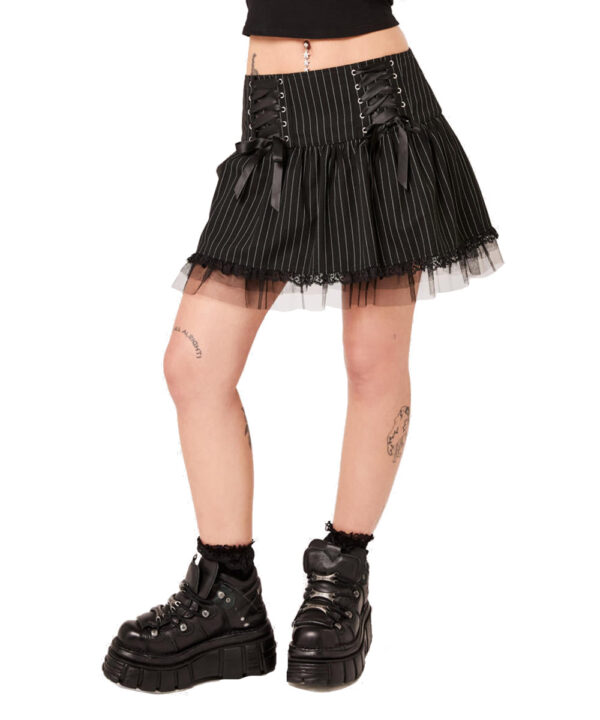 quinzel black & white pinstripe gothic skirt with lace by hell bunny