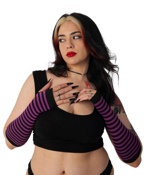 gothic black and purple striped fingerless gloves