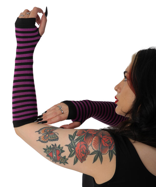 gothic black and purple striped fingerless gloves