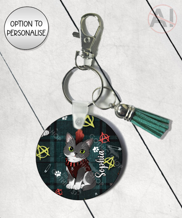 punk gothic cat round keyring option to personalise