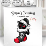 creepy santa cat season’s creepings christmas card option to personalise