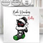 creepy santa cat season’s creepings christmas card option to personalise