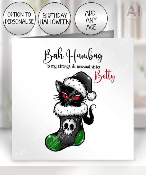 creepy santa cat season’s creepings christmas card option to personalise