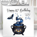witching hour celestial witch cauldron gothic birthday or halloween card option to personalise
