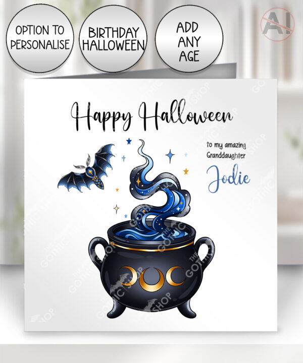 witching hour celestial witch cauldron gothic birthday or halloween card option to personalise