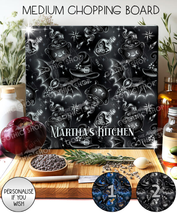 witching hour celestial witch cauldron gothic glass chopping board option to personalise