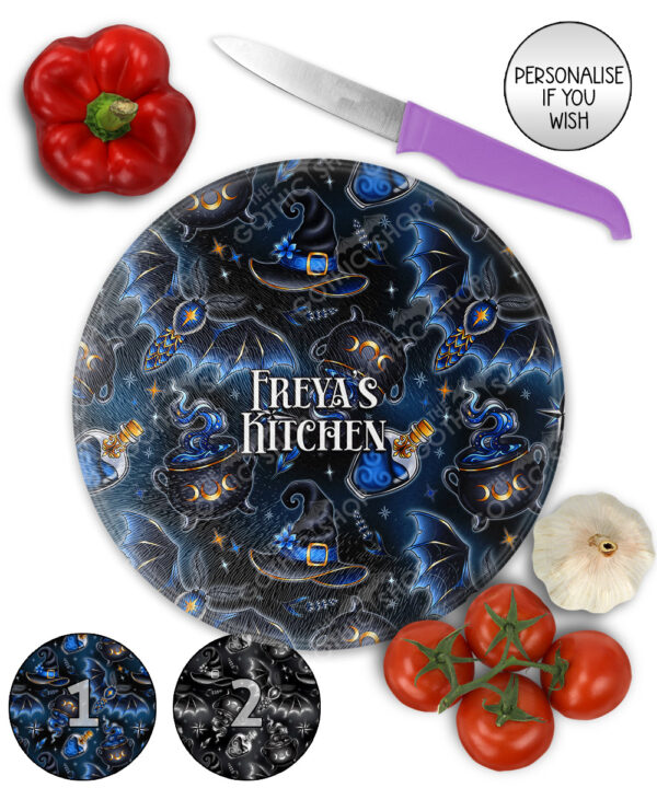 witching hour celestial witch cauldron gothic glass chopping board option to personalise