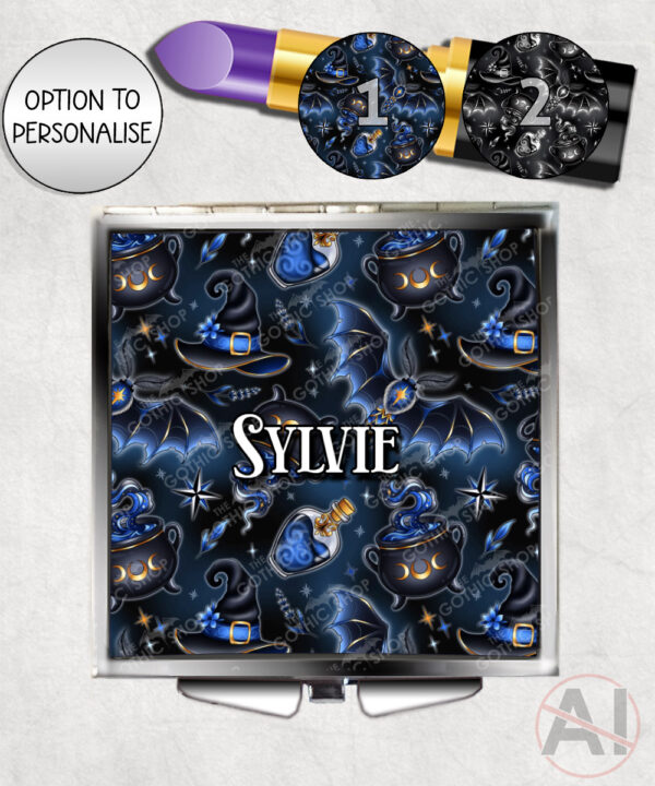 witching hour celestial witch cauldron gothic compact mirror option to personalise