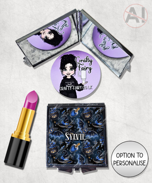 witching hour celestial witch cauldron gothic compact mirror option to personalise