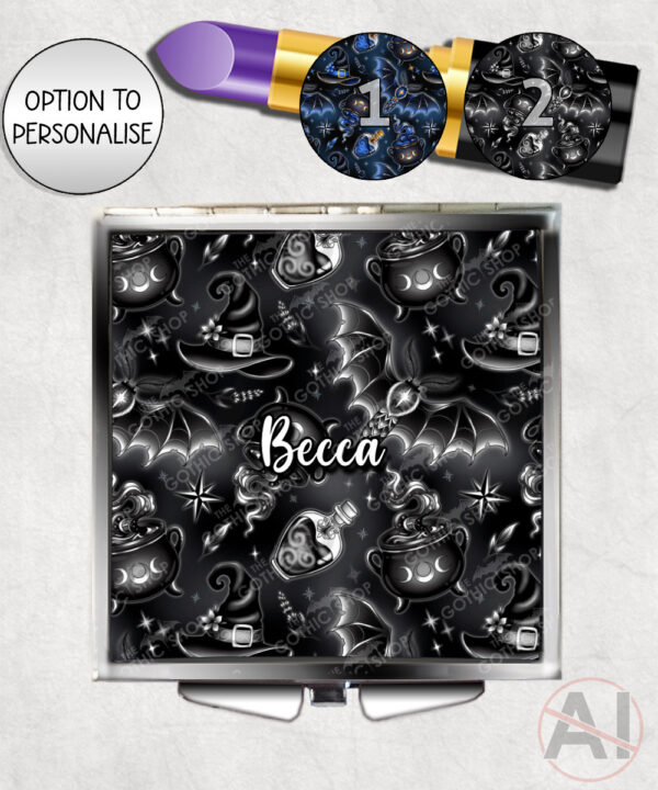 witching hour celestial witch cauldron gothic compact mirror option to personalise