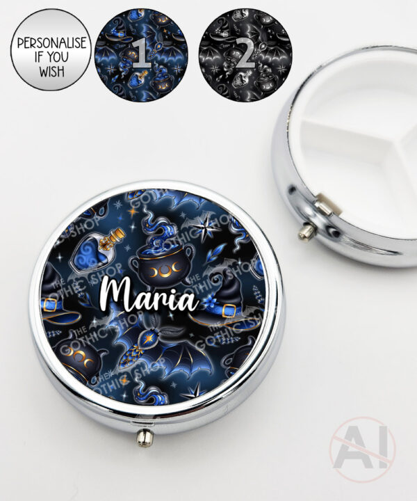 witching hour celestial witch cauldron gothic round pill box option to personalise