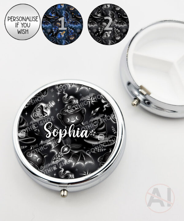 witching hour celestial witch cauldron gothic round pill box option to personalise