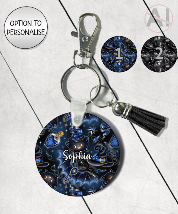 witching hour celestial witch cauldron gothic round keyring option to personalise