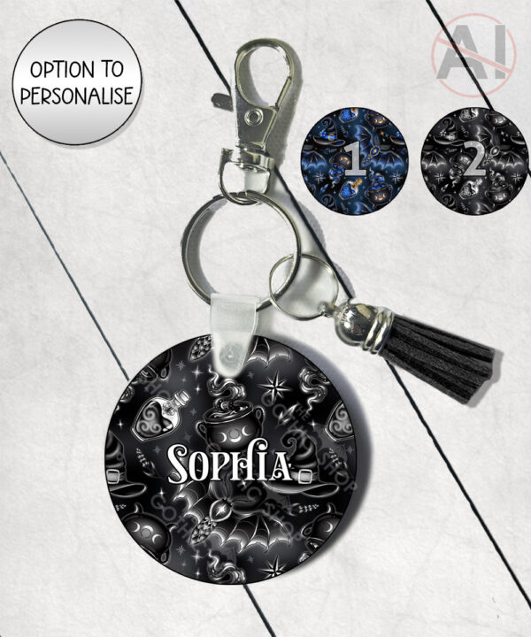 witching hour celestial witch cauldron gothic round keyring option to personalise