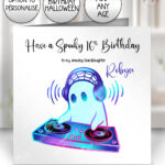 spooky ghost dj halloween birthday card for music lover option to personalise
