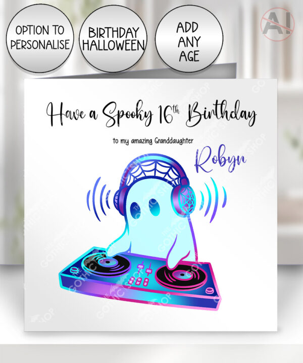 spooky ghost dj halloween birthday card for music lover option to personalise