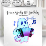 spooky ghost with accordion halloween birthday card for music lover option to personalise