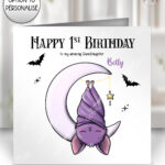 gothic sleeping baby bat on moon birthday, new baby card option to personalise
