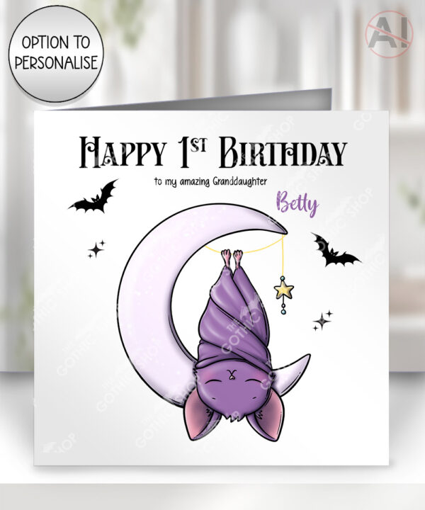 gothic sleeping baby bat on moon birthday, new baby card option to personalise